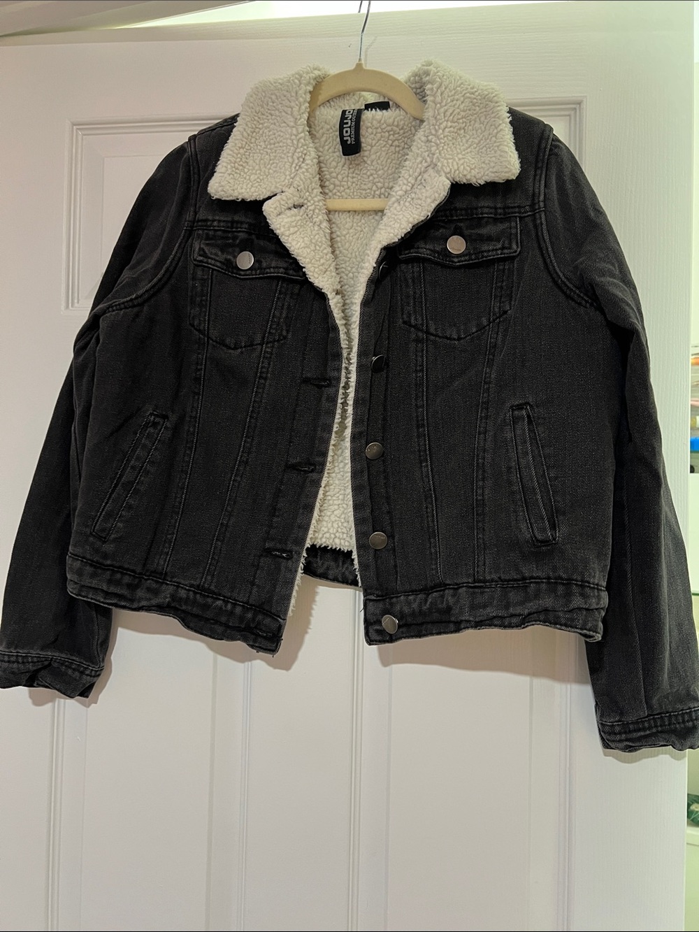 Black Sherpa-Lined Denim Jacket with Cream Collar